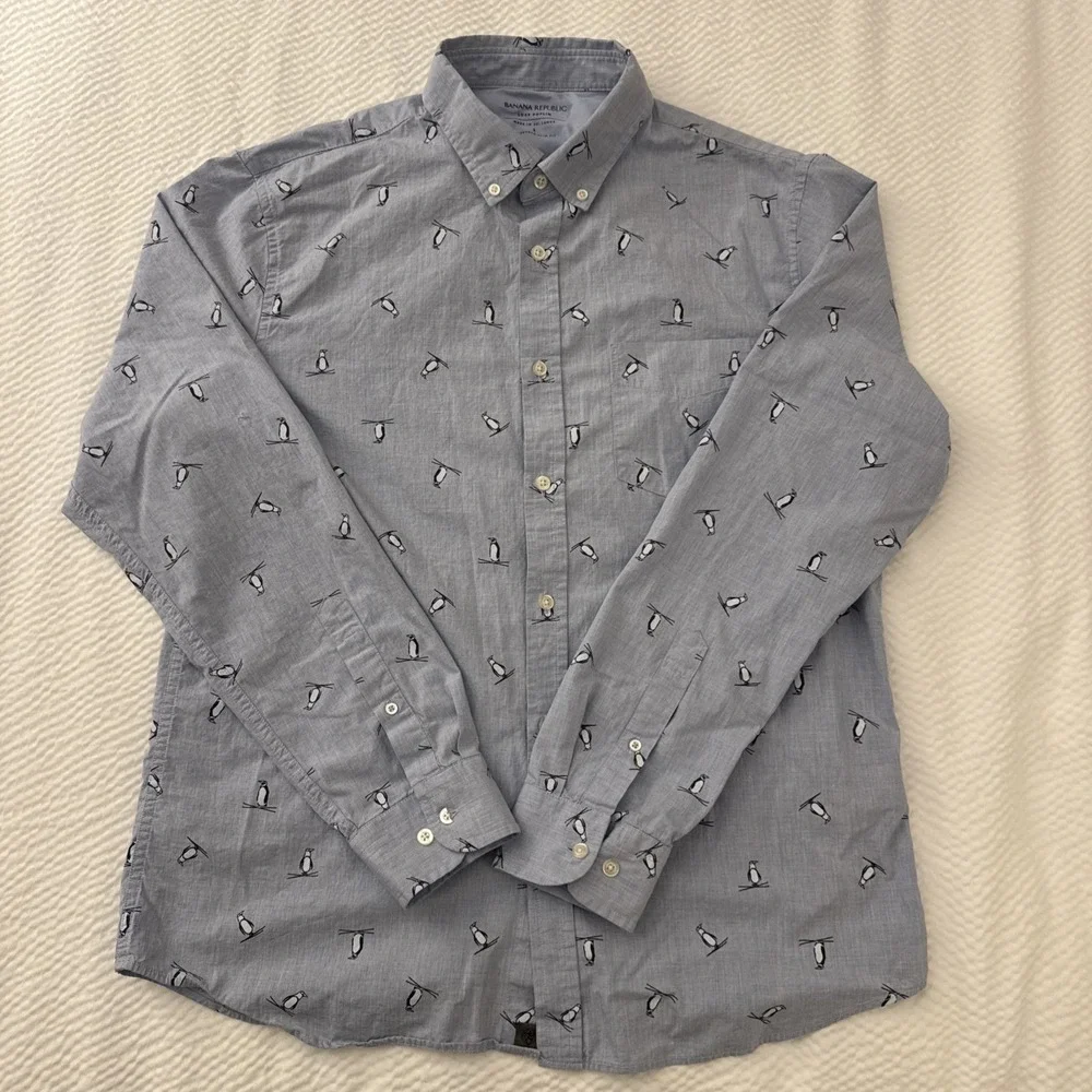 Penguin Skiing Banana Republic Luxe Poplin Shirt Mens Large Blue Untucked Slim - Picture 1 of 7